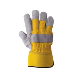 GUANTI IN PELLE IN CROSTA GROPPONE DORSO GRIGIO, manica tela gialla felpato  ART.  P85 COD. 360018 TG. 10